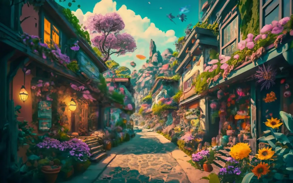 A street in a solarpunk village lined with trees